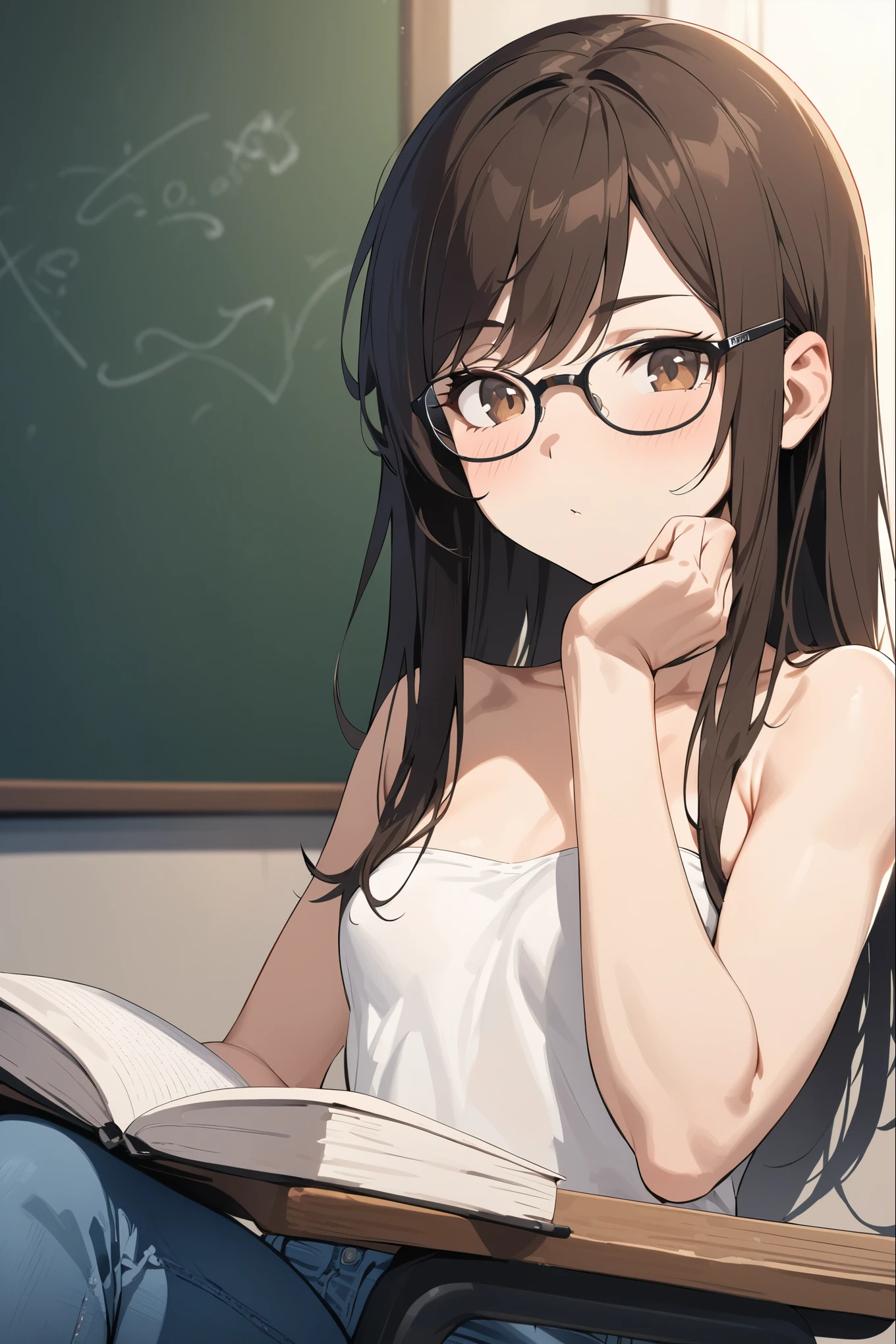 best quality, masterpiece, swept bangs, brown hair, brown eyes, very long hair, messy hair, small breasts, toned arms, glasses, strapless white shirt with black string, jeans, sitting, desk, chalkboard,