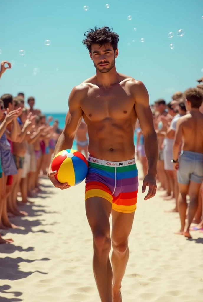 A handsome 27-year-old tall white young man in a men's fashion show on the beach shore wearing a de arco iris swimsuit with a beach ball in his hand. Many people applaud him and bubbles are around him. Tight boxer shorts in the color arco iris flag. Unshaved, white, tall with black hair delgadito