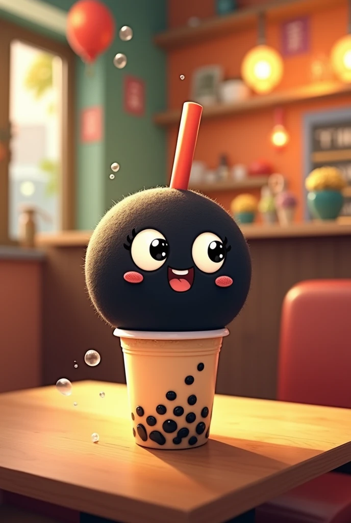 Make me a picture of a black circular tapioca with a face drinking bubble tea