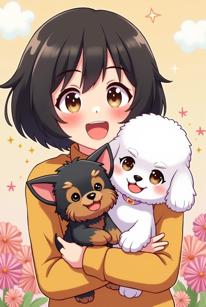 Make a chibi-style drawing of a woman hugging a yorkshire terrier and a poodle. A yorkshire has short hair, maroon, gray and black and has ears up. The poodle is all white. Both are very small and have black eyes.. The woman has short black hair., without bangs, and dark brown eyes. The woman needs to have both eyes open..
