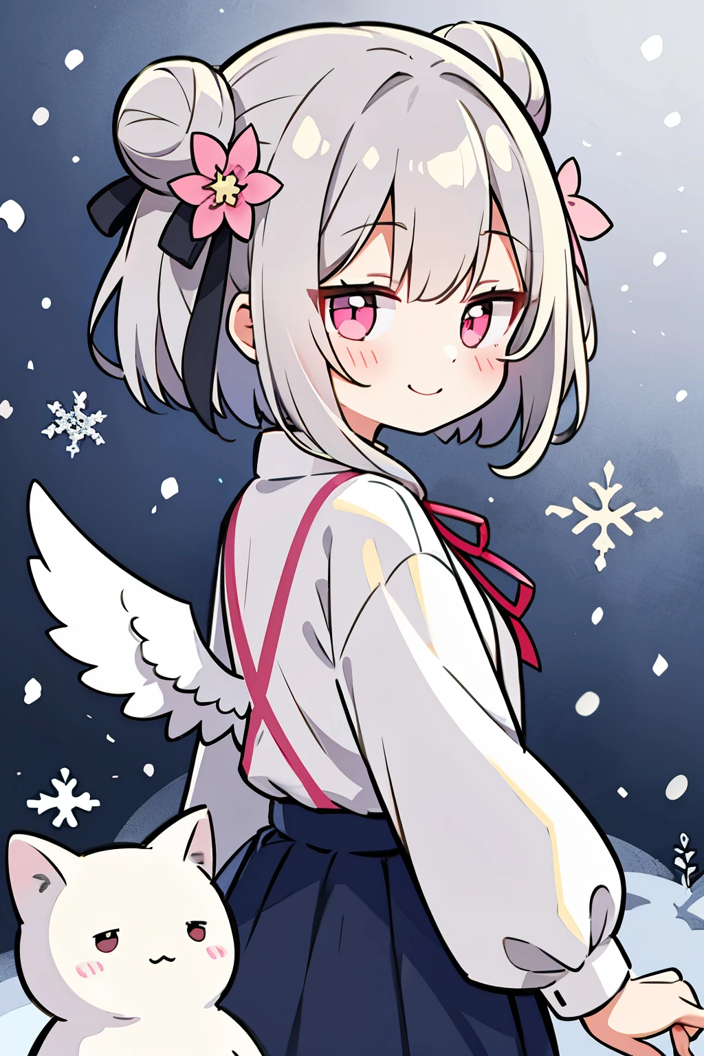 、Bob Hair、Clione、Bun Hair、Long sleeve、Gray Hair、flower、fluffy、ribbon、smile、Looking back、snow、crystallization、Sparkling、Pink Eyes、Angel's wing、Frill dress、Wide sleeves