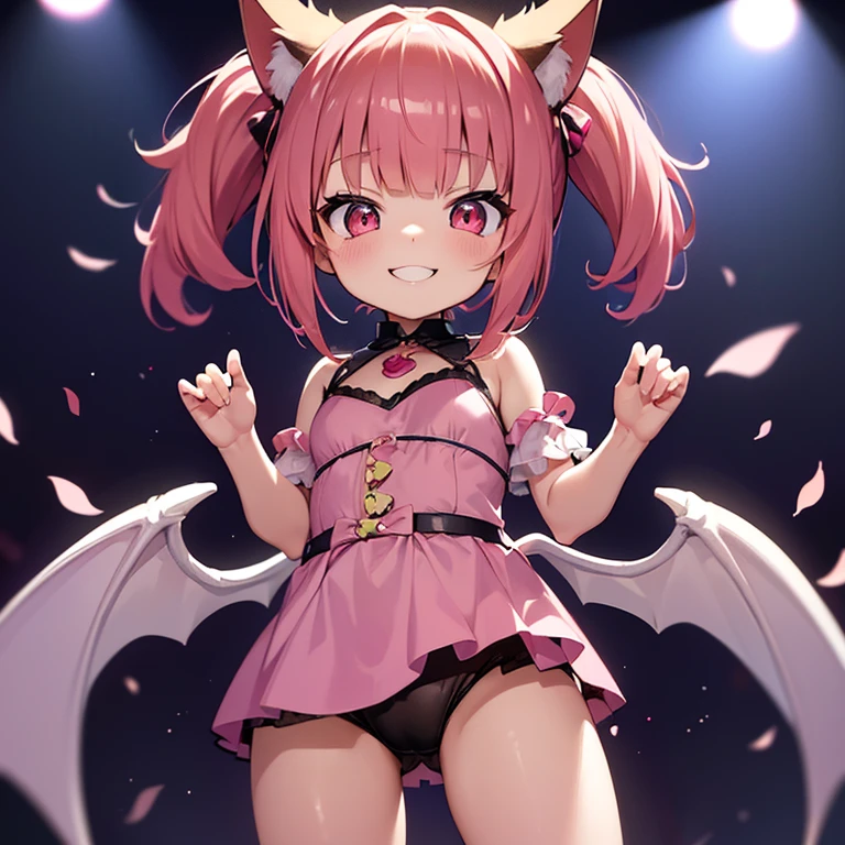 (masterpiece,best quality,ultra-detailed), an anime girl who is , playful and sweet succubus. She has candy pink m-shaped bangs short hair with twin ponytails, ruby round eyes, fruit bat ears and wings, wearing an attire, standing and smile playful, look at viewer