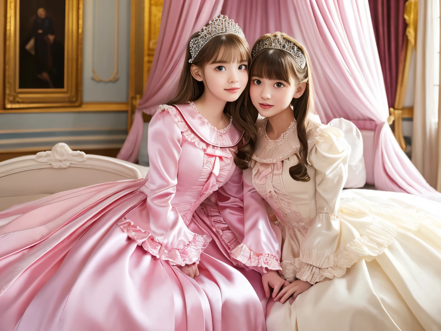 ,highest quality, masterpiece, highest resolution, artwork, super それにget used to it, many get used to it, get used to it, それにget used to it, 3K realistic photos,,((10 year old little girls)),Super detailed baby face,they are both princesses,Full length ball gown dress with hoop skirt,ruffle yoke collar,puff sleeves,long sleeve,((Lolita style hot pink detailed princess satin dress、Comes with lots of frills and ribbons。)),Colorful fashion in rococo style,shiny satin dress,Soft and smooth fabric,luxury,long blonde hair,blue eyes,white skin european,pajamas,((inside the palace bedroom)),Canopy bed,Princess Bed,Sitting on the bed,detailed bed,