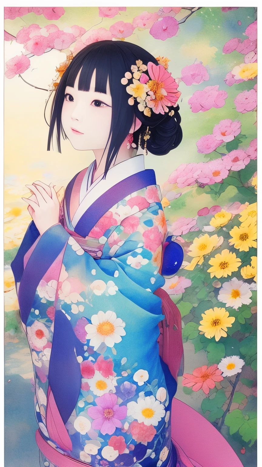 Beautiful girl、Watercolor、Mandala、flower、青いMandalaのflower、Fascinating。A passionate color palette、Mandalaの複雑な幾何学模様を美しく浮かび上がらせ、It brings a quiet harmony to the hearts of those who see it.。青いMandalaのflowerは、From its deep color and ephemeral presence、It is integrated into the work as a symbolic element of the joy of life.。kimono、Black Hair、Japanese、Upper Body、Masterpiece、Highest quality