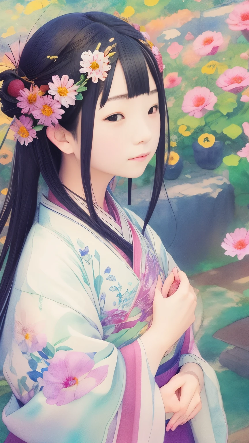 Beautiful woman、Watercolor、Mandala、flower、青いMandalaのflower、Fascinating。A passionate color palette、Mandalaの複雑な幾何学模様を美しく浮かび上がらせ、It brings a quiet harmony to the hearts of those who see it.。青いMandalaのflowerは、From its deep color and ephemeral presence、It is integrated into the work as a symbolic element of the joy of life.。uniform、Black Hair、Japanese、Upper Body、Masterpiece、Highest quality