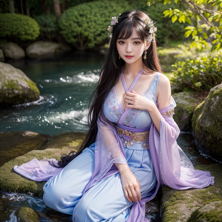 best quality, Delicate face,beautiful visual work, lifelike, eternity, black hair, Long curly hair, blunt bangs, Smile, Detailed Background, Delicate face,blush,cold,((masterpiece))、(top quality)、8k、high detail、Super detailed,21 years old female,Wearing Tang Dynasty Hanfu、waist skirt, Clothes are light and fluffy,Hanfu, wide sleeves, Transparent sleeves, Tunic, Clothes made of chiffon, Seductive and whimsical style、masterpiece、born、Scenes resembling fairy tale illustrations、Intricate details and complex designs、Beautifully、magic、capricious、 Beautifully、Dream aesthetics、「𝓡𝓸𝓶𝓪𝓷𝓽𝓲𝓬、ethereal、charming、fickle、magic」、Realism、Visual effects、FXAA、SSAO、Shaders、voiceless、ambient lighting、Tone mapping、High resolution、Ultra high quality、Million pixels、(8K resolution:1.10)、8k、Below 8K、8K resolution、high detail、intricate details, (high quality:1.2、masterpiece:1.2、:1.21)、(21 years old female:1.21)、(Smile excitedly)、(full-body shot,Normal 2 feet,Put your hands behind you,The protrusion of the breast is visible when wearing clothes, Large Breasts, H cup chest, antiquity, Xian Xia, gauze clothes, Soft and fluttering, Fairy, dream, fantasy, light, elegant, nature, Immortal, romantic, classical, ribbon, light purple clothes, By the stream