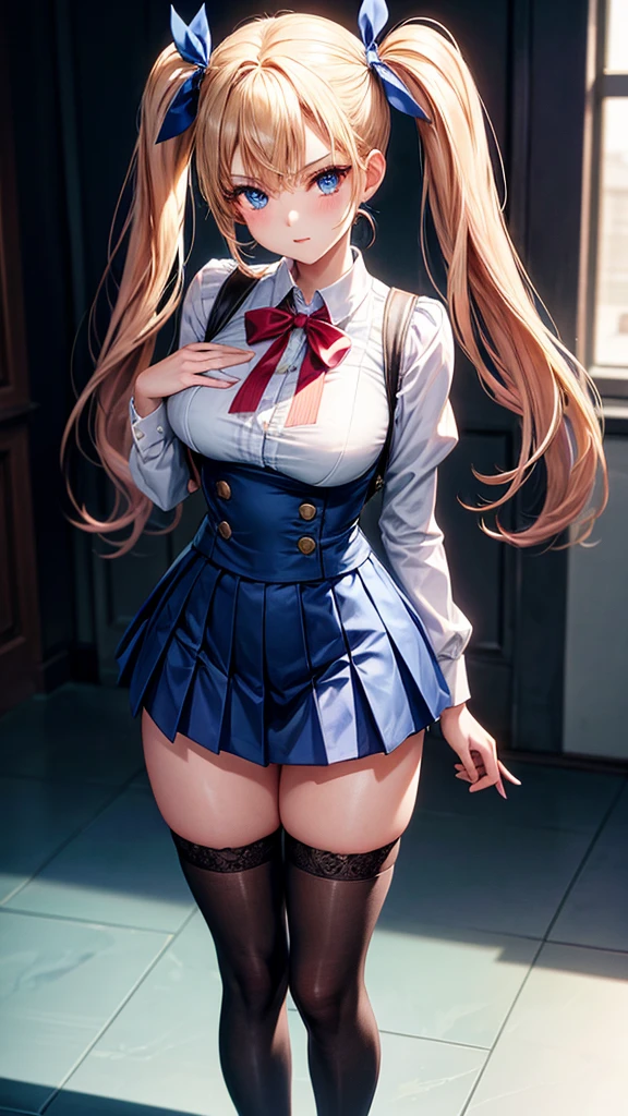 Pose: very slender woman standing with arms confidently crossed in front of her chest, with a powerful and assertive posture.
Attire: Blue Sailor School uniform, blue pleated skirt, white thigh high lace stocking
Hair: pigtails tied with a red ribbon
Makeup: simple, with emphasis on strong eyes or bold lips to match the confident pose.
Background: school hallway,
Lighting: Dramatic dimmed lighting with highlights and shadows that accentuate the body’s curves and the bend in the knee.
Accessories: school bag in hand
Mood: Bold, fashionable, and empowered.