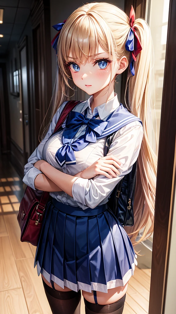 Pose: very slender woman standing with arms confidently crossed in front of her chest, with a powerful and assertive posture.
Attire: Blue Sailor School uniform, blue pleated skirt, white thigh high lace stocking
Hair: pigtails tied with a red ribbon
Makeup: simple, with emphasis on strong eyes or bold lips to match the confident pose.
Background: school hallway,
Lighting: Dramatic dimmed lighting with highlights and shadows that accentuate the body’s curves and the bend in the knee.
Accessories: school bag in hand
Mood: Bold, fashionable, and empowered.