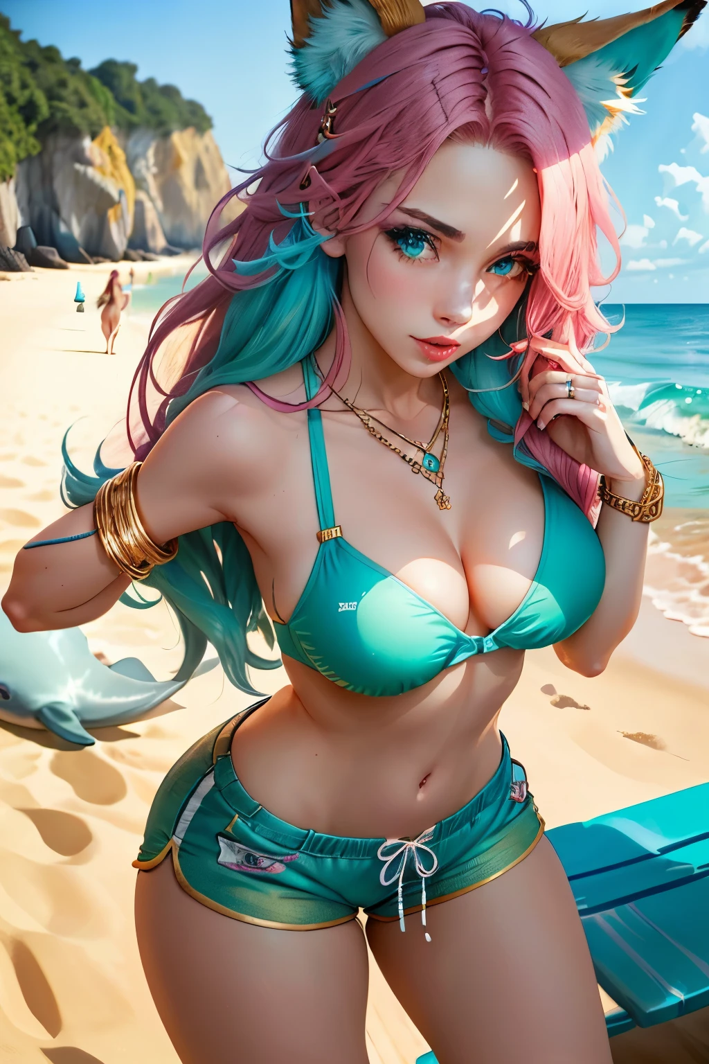 a girl, pretty long hair ,pink  hair, blue color inner hair, fox ears, Dolphin Shorts, Bra Pull Down, turquoise blue eyes, with a golden bracelet, a pink jewel necklace, em uma praia, high resolution, super detaill, 8k, Overview
