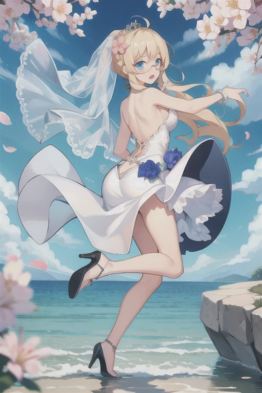 Hood \(warship girls r\),((masterpiece)),(((best quality))),((ultra-detailed)),((illustration)),((disheveled hair)),((frills)),(1 girl),(solo),1girl,bangs,blue sky,blush,bridal veil,cherry blossoms,cloud,cloudy sky,confetti,day,dress,earrings,eyebrows visible through hair,falling petals,flower,hair between eyes,hair ornament,high heels,jewelry,leaves in wind,looking at viewer,looking back,ocean,open mouth,outdoors,petals,petals on liquid,ponytail,rose petals,shoes removed,sidelocks,single shoe,sky,soles,solo,splashing,tiara,tree,underwear,veil,water,wedding dress,white dress,Rating:safe,foreshortening,
under-rim eyewear,Blue eyes with highlights,Blonde long hair(delicate eyes),ahoge,