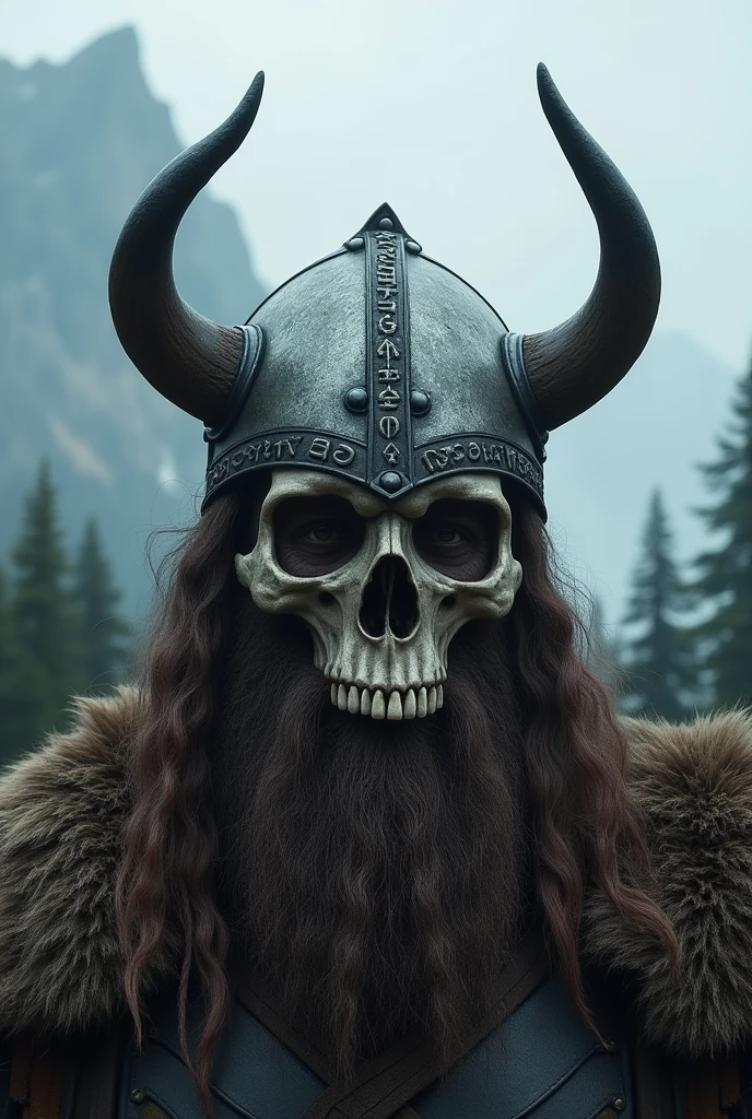 Viking mask half human half skull, with a horned helmet
