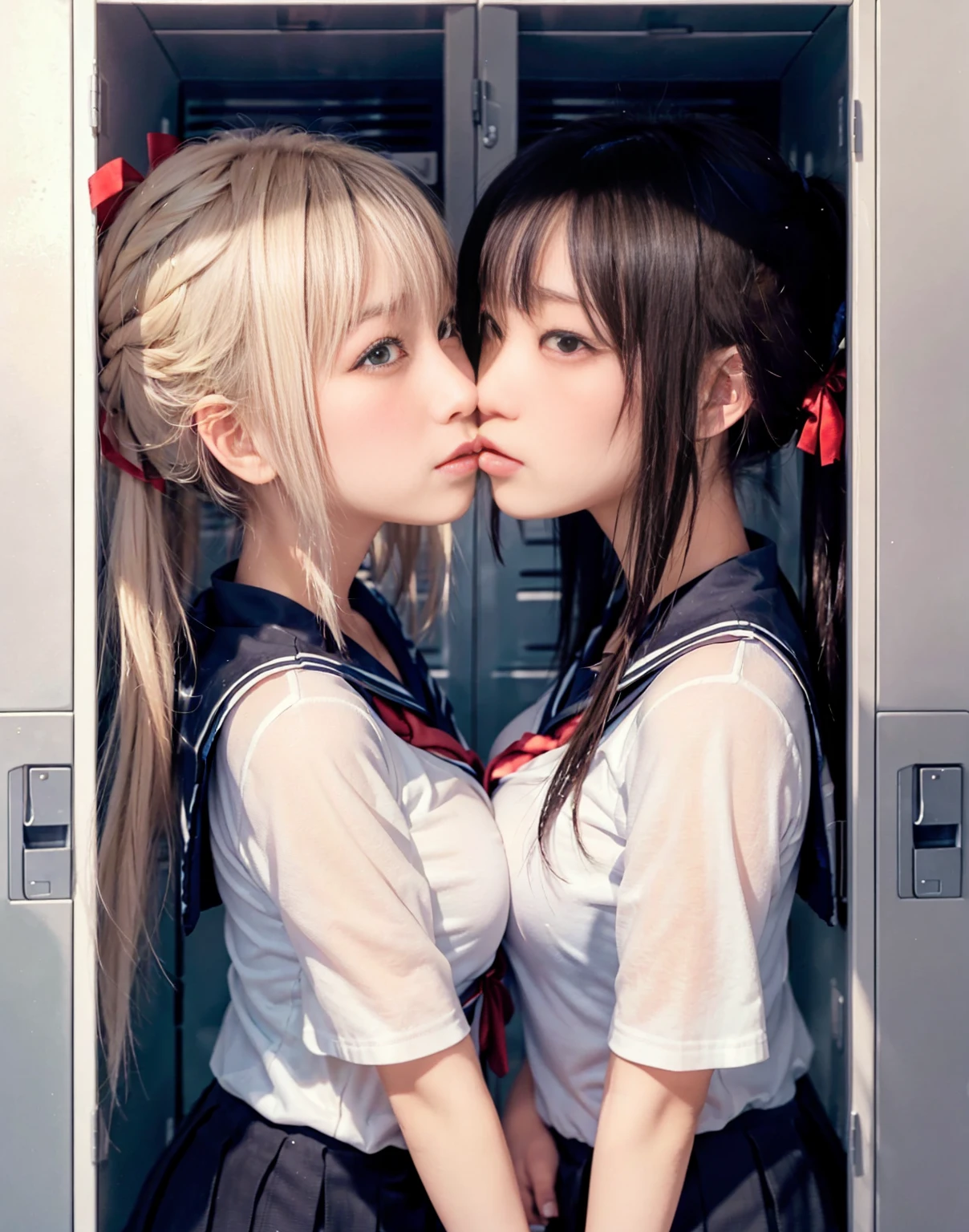 8k,masterpiece,Japanese,best quality, (schoolgirls:1.4), (kissing:1.4), (crowded locker:1.5), reluctantly, (blush:1.3), (breasts:1.3)