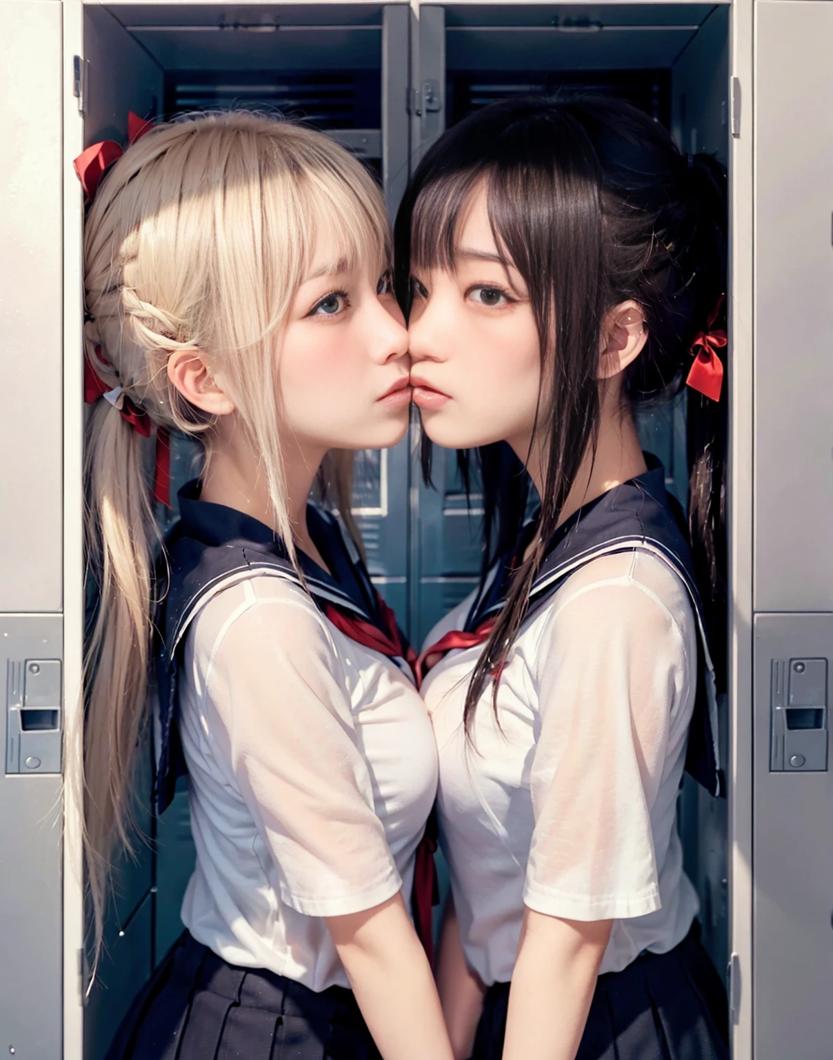 8k,masterpiece,Japanese,best quality, (girls:1.4), (kissing:1.4), (crowded locker:1.5), reluctantly, (blush:1.3), (breasts:1.3)