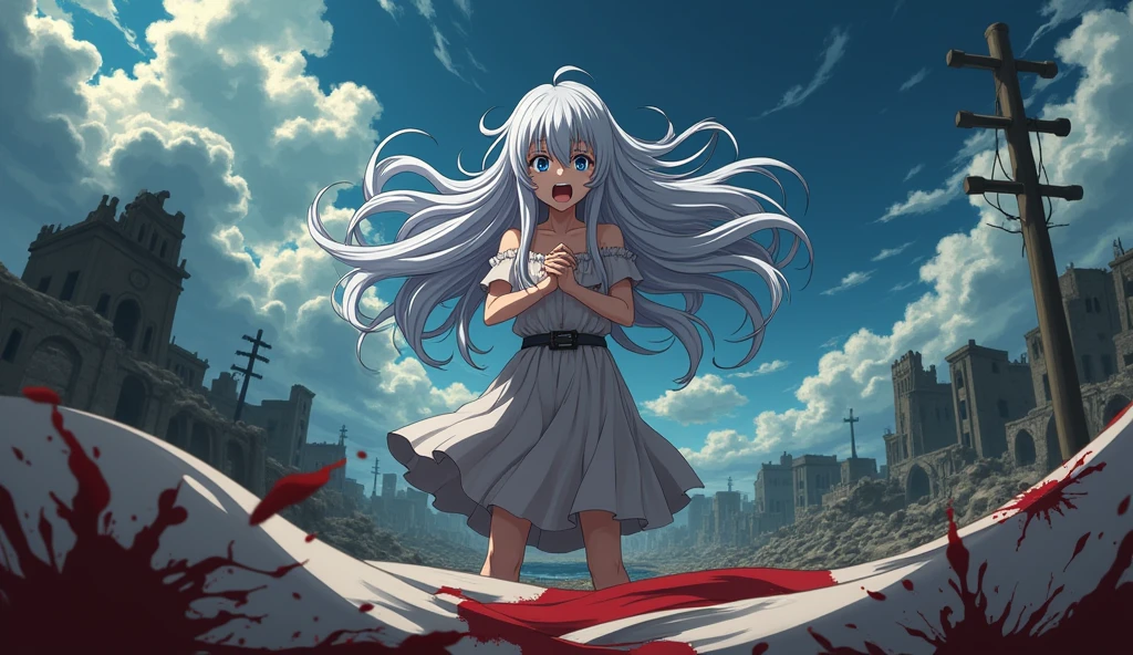 An anime featuring a white-haired girl screaming next to a bloody, torn Japanese flag.