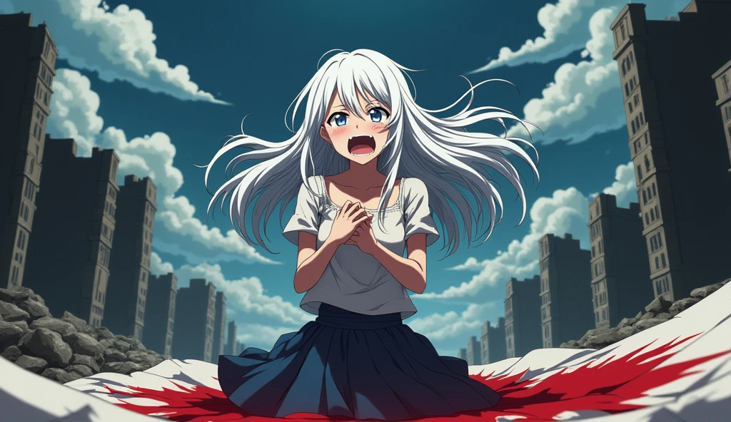 An anime featuring a white-haired girl screaming next to a bloody, torn Japanese flag.