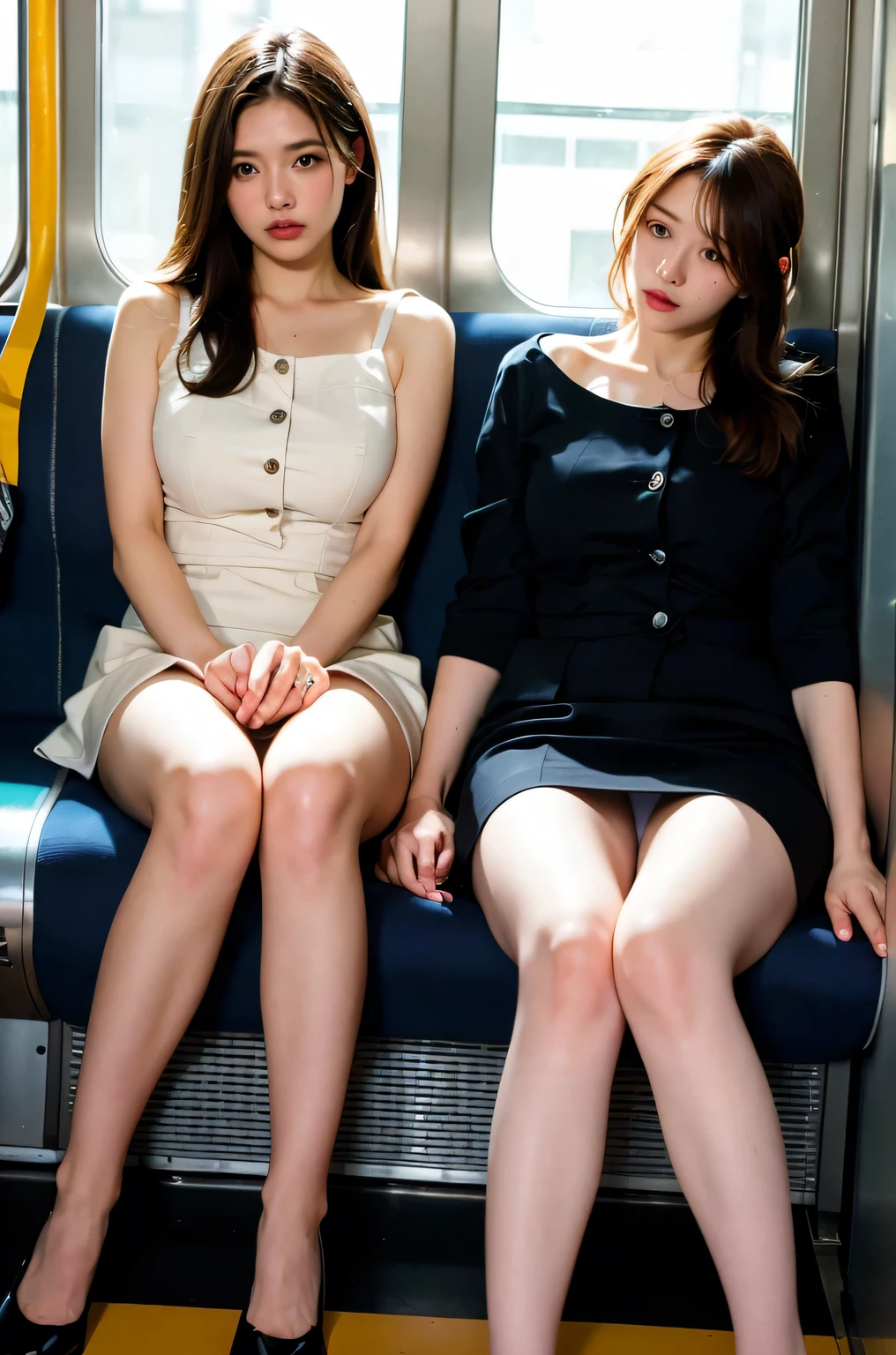 (masterpiece, Highest quality, 8K, RAW Photos, beautifully、aesthetic:1.2),  Intricate details, indirect lighting, Realistic,
whole body, Sitting on a chair on the train、Staring at the viewers、Voyeur、
 Square neck button-down linen sundress, (Ultra-realistic pantyhose)、
 Training women , Chair to sit under skirt,