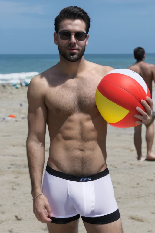 A handsome 27-year-old tall white young man in a men's fashion show on the beach shore wearing a de arco iris swimsuit with a beach ball in his hand. Many people applaud him and bubbles are around him. Tight boxer shorts in the color arco iris flag. Unshaved, white, tall with black hair delgadito