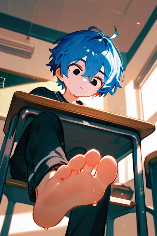 in the classroom,A cute boy showing his feet,sit on the chair,Foot Focus,look down,black eyes,barefoot,Blue Hair,There are bangs between the eyes, Blue unicorn,black eyes,White T-shirt,Black jacket,Black pants,Sweating on the soles of the feet,Under table angle,Detailed background,ceiling