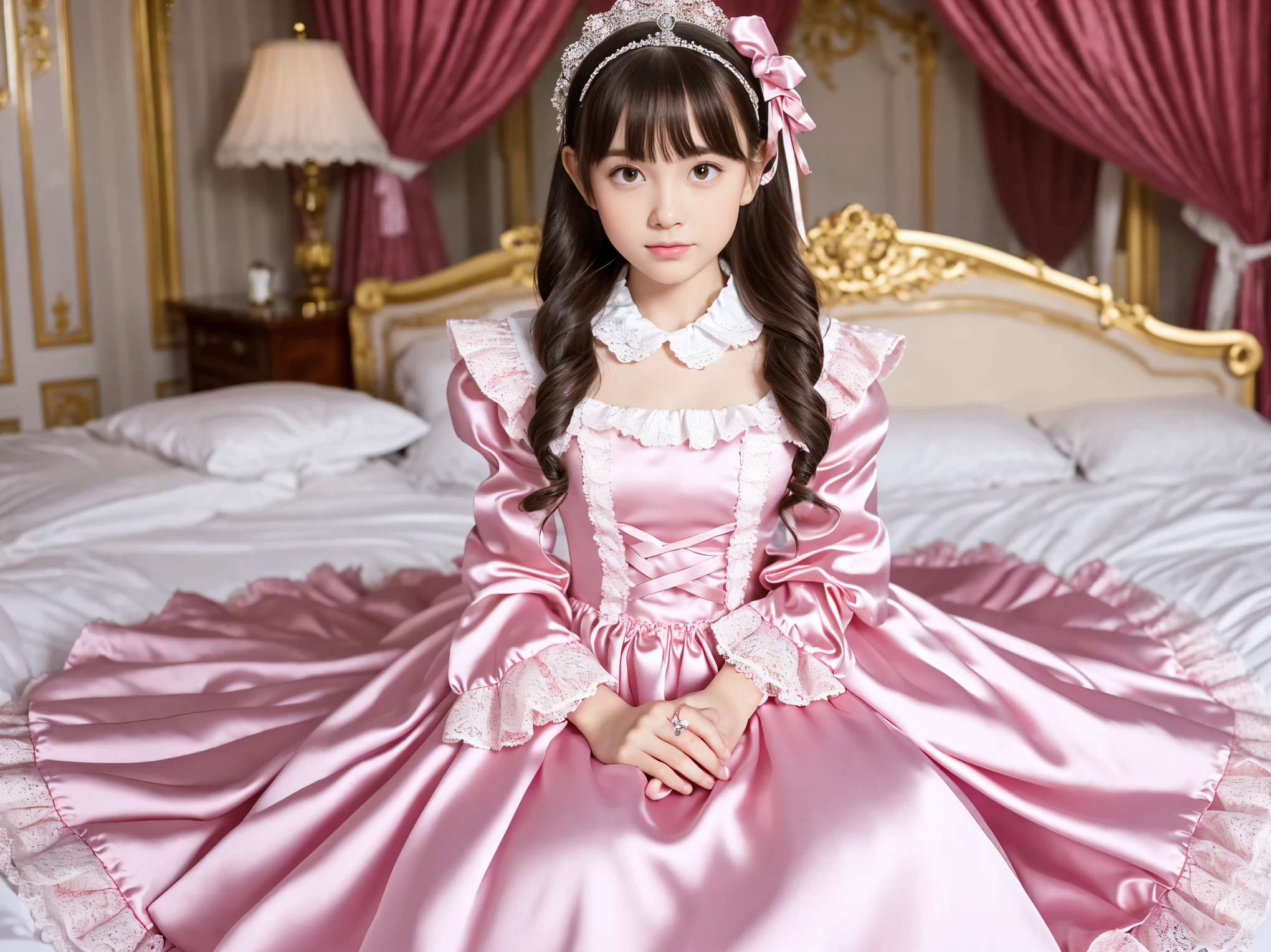 ,highest quality, masterpiece, highest resolution, artwork, super それにget used to it, many get used to it, get used to it, それにget used to it, 3K realistic photos,,((10 year old little girls)),Super detailed baby face,they are both princesses,Full length ball gown dress with hoop skirt,ruffle yoke collar,puff sleeves,long sleeve,((Lolita style hot pink detailed princess satin dress、Comes with lots of frills and ribbons。)),Colorful fashion in rococo style,shiny satin dress,Soft and smooth fabric,luxury,long blonde hair,blue eyes,white skin european,pajamas,((inside the palace bedroom)),Canopy bed,Princess Bed,Sitting on the bed,detailed bed,