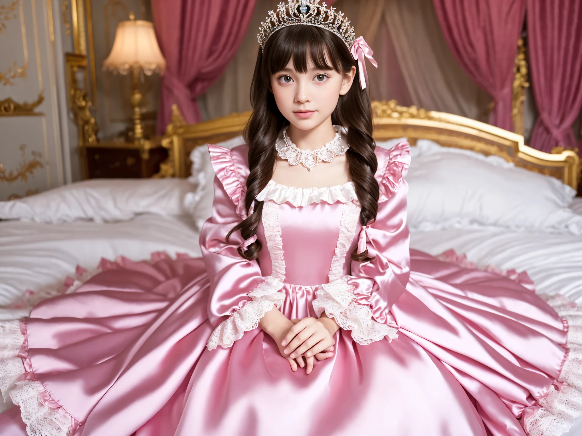 ,highest quality, masterpiece, highest resolution, artwork, super それにget used to it, many get used to it, get used to it, それにget used to it, 3K realistic photos,,((10 year old little girls)),Super detailed baby face,they are both princesses,Full length ball gown dress with hoop skirt,ruffle yoke collar,puff sleeves,long sleeve,((Lolita style hot pink detailed princess satin dress、Comes with lots of frills and ribbons。)),Colorful fashion in rococo style,shiny satin dress,Soft and smooth fabric,luxury,long blonde hair,blue eyes,white skin european,pajamas,((inside the palace bedroom)),Canopy bed,Princess Bed,Sitting on the bed,detailed bed,