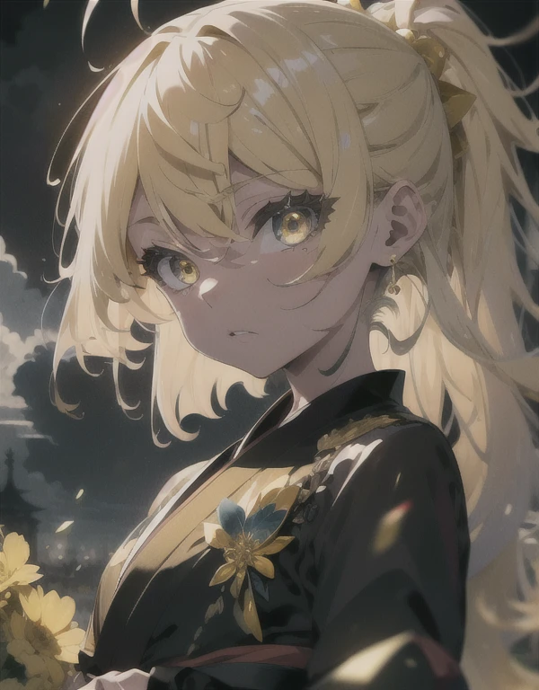 long yellow hair, pointy ears, yellow eyes, all black Japanese kimono robes with yellow flowers on it, black earrings, black decorations on head, beautiful detailed eyes, beautiful detailed face, beautiful detailed hair, detailed kimono, detailed face, detailed eyes, yellow storm background, yellow lighting in background, (yellow thunder), masterpiece, best quality, extremely detailed cg unity 8k wallpaper, high-quality, ultra-detailed, depth of field, illustration, beautiful detailed wallpaper, best quality, best anatomy, adult woman, mature woman, falling rain, angry expression, stormy clouds in sky, yellow dynamic lighting, detailed dynamic lighting