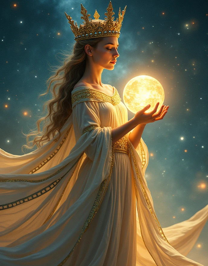 (Goddess of Movies:1.4), depicted in an ethereal and cinematic art style, (the goddess embodies the essence of cinema with flowing garments that resemble a film reel, shimmering in the light:1.2), (her eyes are luminous screens, reflecting the myriad of stories told through film:1.2), (her crown is adorned with iconic symbols of the movie industry, such as a clapperboard, camera lens, and film strips:1.2), (she holds a radiant orb, representing the magic of storytelling and the power of visual arts:1.2), (background features a vast, starry sky with scenes from classic movies subtly woven into the celestial landscape:1.2), (her pose is graceful yet commanding, exuding an aura of creativity, inspiration, and timeless beauty:1.2), (perfect image quality:1.4), (detailed textures in her garments, capturing the intricate patterns and symbols of cinema:1.2), (the overall image conveys a sense of wonder, nostalgia, and reverence for the art of filmmaking:1.2)