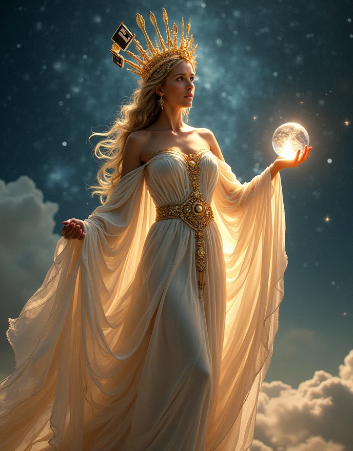(Goddess of Movies:1.4), depicted in an ethereal and cinematic art style, (the goddess embodies the essence of cinema with flowing garments that resemble a film reel, shimmering in the light:1.2), (her eyes are luminous screens, reflecting the myriad of stories told through film:1.2), (her crown is adorned with iconic symbols of the movie industry, such as a clapperboard, camera lens, and film strips:1.2), (she holds a radiant orb, representing the magic of storytelling and the power of visual arts:1.2), (background features a vast, starry sky with scenes from classic movies subtly woven into the celestial landscape:1.2), (her pose is graceful yet commanding, exuding an aura of creativity, inspiration, and timeless beauty:1.2), (perfect image quality:1.4), (detailed textures in her garments, capturing the intricate patterns and symbols of cinema:1.2), (the overall image conveys a sense of wonder, nostalgia, and reverence for the art of filmmaking:1.2)