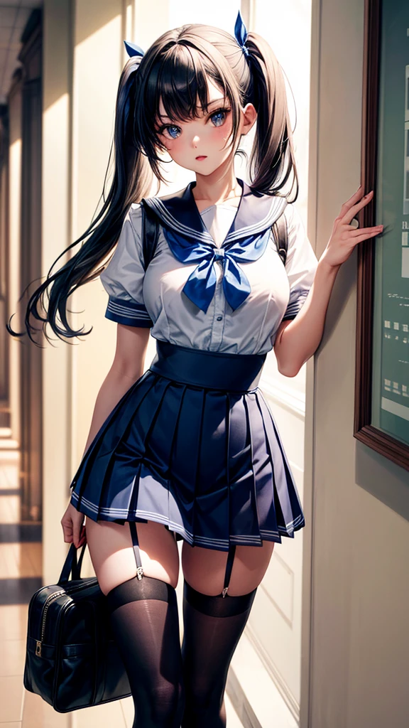 Pose: very slender woman standing with her back to the camera, head turned to look over her shoulder.
Attire: Blue Sailor School uniform, blue pleated skirt, white thigh high lace stocking
Hair: pigtails tied with a red ribbon
Makeup: simple, with emphasis on strong eyes or bold lips to match the confident pose.
Background: school hallway,
Lighting: Dramatic dimmed lighting with highlights and shadows that accentuate the body’s curves and the bend in the knee.
Accessories: school bag in hand
Mood: Bold, fashionable, and empowered.