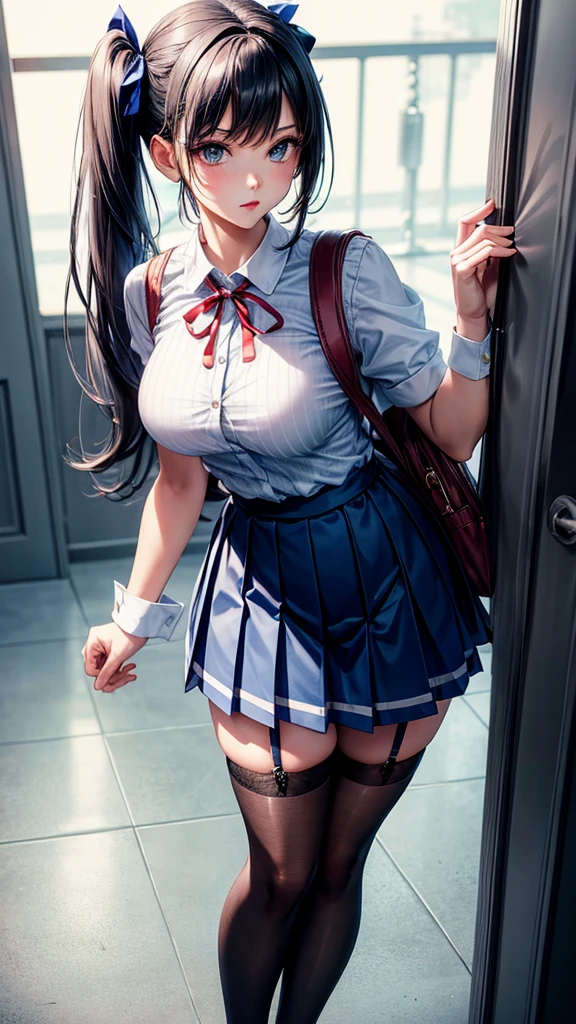 Pose: very slender woman standing with her back to the camera, head turned to look over her shoulder.
Attire: Blue Sailor School uniform, blue pleated skirt, white thigh high lace stocking
Hair: pigtails tied with a red ribbon
Makeup: simple, with emphasis on strong eyes or bold lips to match the confident pose.
Background: school hallway,
Lighting: Dramatic dimmed lighting with highlights and shadows that accentuate the body’s curves and the bend in the knee.
Accessories: school bag in hand
Mood: Bold, fashionable, and empowered.