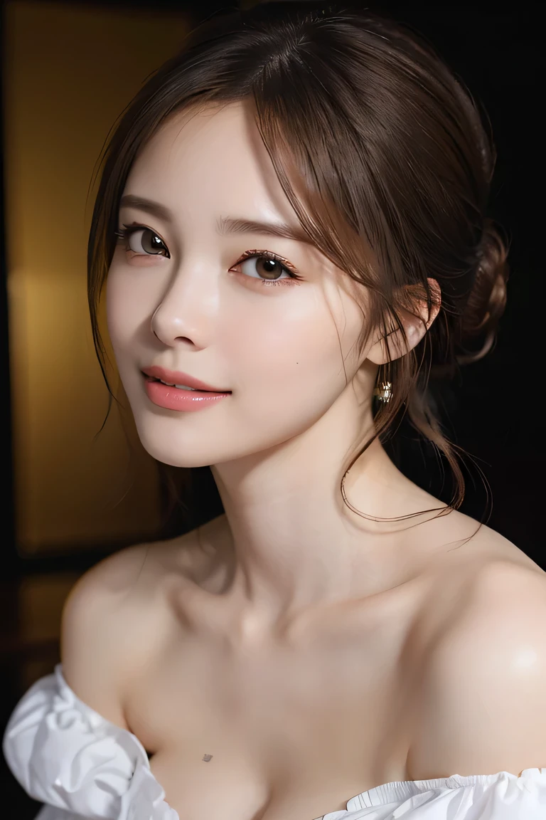1woman, Updo hairstyle, (Ultra realistic, high res), (highly detailed eyes, highly detailed hair, highly detailed face, highly detailed plump lips), (off shoulder with open breasts), breasts, upper body, caute smile, (best quality:1.4), Raw photo, (realistic, photo-realistic:1.37), professional photography, cinematic light, (fine face: 1.2),