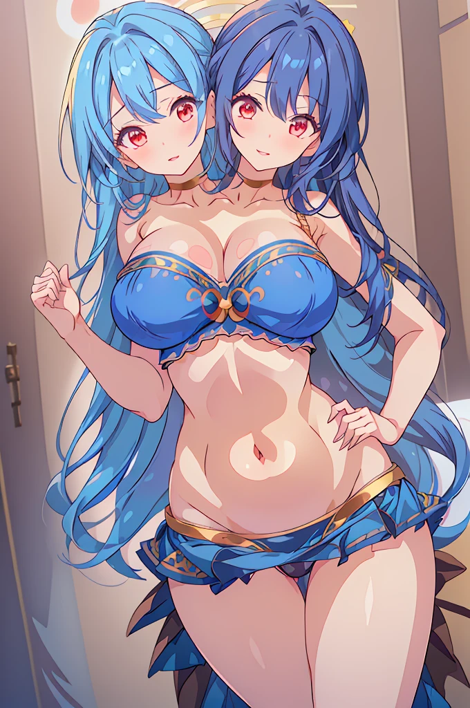 (masterpiece, best quality), best quality, (ultra-detailed), (3heads:1.5), 1girl, (Megumu Iizunamaru:1.3), masterpiece, best quality, ultra quality, ultra resolution, ultra detail, dark blue top, crop top, ((stomach)), midriff, ((groin)), dark blue skirt, normal ears, shackles, blue hair, very long hair, wavy hair, (blunette:1.5), red eyes, detailed eyes, parted lips, open belly, smiling, cute, toned belly, hand on own chest, eyelashes, (24 year old woman:1.3), (masterpiece:1.5), (best quality:1.5), (beautiful detailed), extremely detailed CG, extremely delicate and beautiful, depth of field, (finely detailed face), (perfect details:1.2), (mature female:1.3), wide pelvis, slender, large veiny breast, 16k resolution, highres, high quality, high definition, extremely detailed, masterpiece, blue hair, long hair, alluring presence, three heads, short skirt, close up, very big tits, huge breasts, young, blue tokin, golden pauldron,