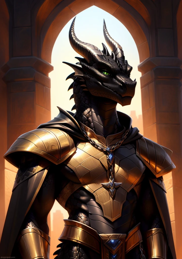 Realistic, detailed, beautiful, masterpiece, HDR, castle interior background, fantasy setting, king, ((gold armor, gold breast plate, full plate armor, chain mail, gold pauldrons, gold greaves, gold leg armor, wearing gold armor, black robes, black cloak, wearing black robes and cloak)) dragon, anthro, male, male body, black skin, (black scales:1.9), (two long thin horns:1.3), green eyes, detailed eyes, perfectly shaped body, confident majestic pose, finger black claws, masculine facial features, seductive gaze, neutral facial expression, black pointed ears, standing tall, out doors, daytime, close-up, portrait, face focus,
(detailed Bonifasko lighting), (detailed scales), (detailed skin), (male dragonborn), BREAK, ((long flowing tail)), ((facing viewer)), (cinematic lighting), ((detailed background)), ((portrait view)), (((close-up))), (good lighting), [backlighting], [crepuscular ray], [detailed ambient light], [gray natural lighting], [ambient light on the belly], (higher wildlife feral detail), [explict content], [sharp focus], (questionable content), (shaded), ((masterpiece)), furry dragonborn, reptilian face, furry Fantasy Art, furry Art, Commission for High Res, anthro Art, POV furry Art,Sakimichan beautiful, masterpiece, best quality, detailed image, bright colors, detailed face, perfect lighting, perfect shadows, perfect eyes, green eyes, flawless face, face focus, (masterpiece:1.21), (best quality:1.2), (illustration:1.2), (cinematic lighting:1.3), detailed scales, balanced coloring, global illumination, ray tracing, good lighting, scales, anthro, well lit 