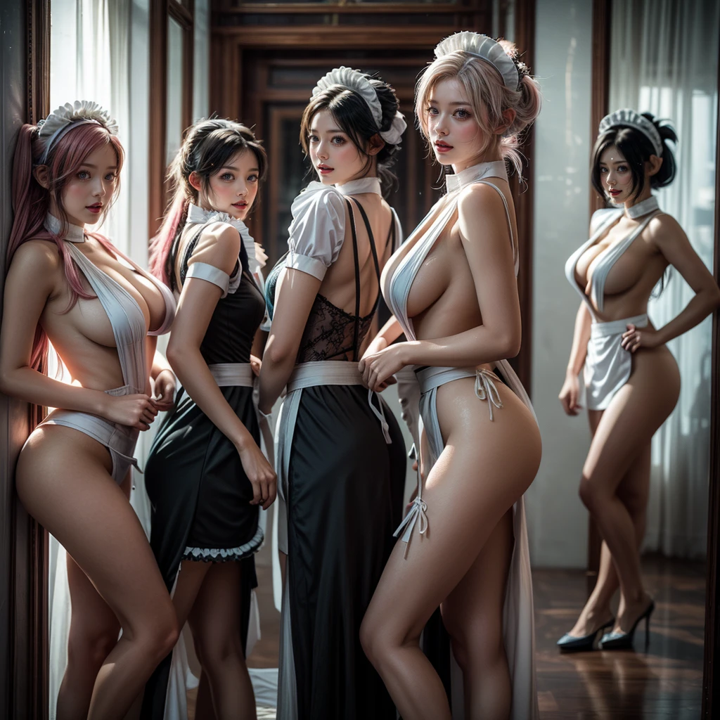 (Full Body of Extremely Detailed((Sexy Maid Group in a row:1.37))), KAWAII perfect face, Reflective Eyes, Detailed(Delicate Clothing textures), Correct Bewitching Leg Line, Dynamic Joyful Expressions LifeLike Rendering, Specular Reflection, TopQuality 8K Ultra-detailed masterpiece (ProfessionalPhoto:1.37), (Acutance:0.8), (Luminism:1.28), Renaissance art style, Colorful Light particles, ((Full body from side)), {MicroMini Skirt|Kissing Face to Face|Thigh Gap|Cute Peach AssFocus|(NakedApron with (Overflowing Sideboob))}, Radiant Fine Skin with Transparency, {Pink Hair|LightBlue Hair|Platinum Blonde|Pure White Hair|Liquid Hair}, Perfect Lighting