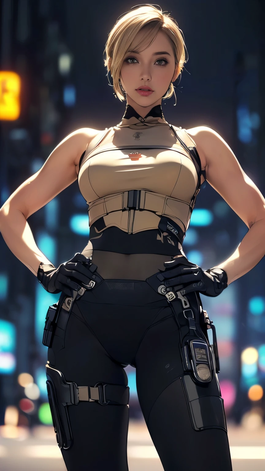 (A woman),(((Future female police officer standing))),((Black Tactical Tights:1.5)),((Camel toe:1.5)),((earphone:1.5)),((Tactical Holster:1.5)),(Gloves:1.5),(((Hands on hips:1.5))),(front:1.5),(From below:1.2),(Super short hair:1.5),(Blonde:1.5),(beautiful eyes:1.3),(Very detailedな顔:1.5),((Very detailedな女性の手の描画:1.5)),((muscular:1.5)),(Sexy look:1.5),((Thick thighs:1.5)),(Beautiful Body:1.5),((Very sensual:1.5)),(The backdrop is a futuristic city:1.5),(Cyberpunk atmosphere:1.5),(((Blurred background:1.5))),(Written border depth:1.5),rest(((masterpiece:1.5),(best quality:1.5),(Very detailed:1.5),(high resolution:1.5),(Practical:1.5),(Practical:1.5),(Delicate depiction),(carefully drawn))),8K,wallpaper