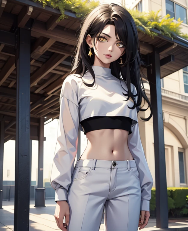 black hair,yellow eyes,masterpiece, best quality, high quality, highres, outdoors, looking at viewer, white shirt, crop top, midriff, navel, white pants, Jenny, tall female,
