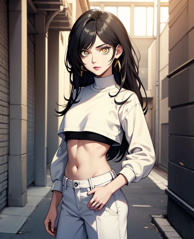 black hair,yellow eyes,masterpiece, best quality, high quality, highres, outdoors, looking at viewer, white shirt, crop top, midriff, navel, white pants, Jenny, tall female,
