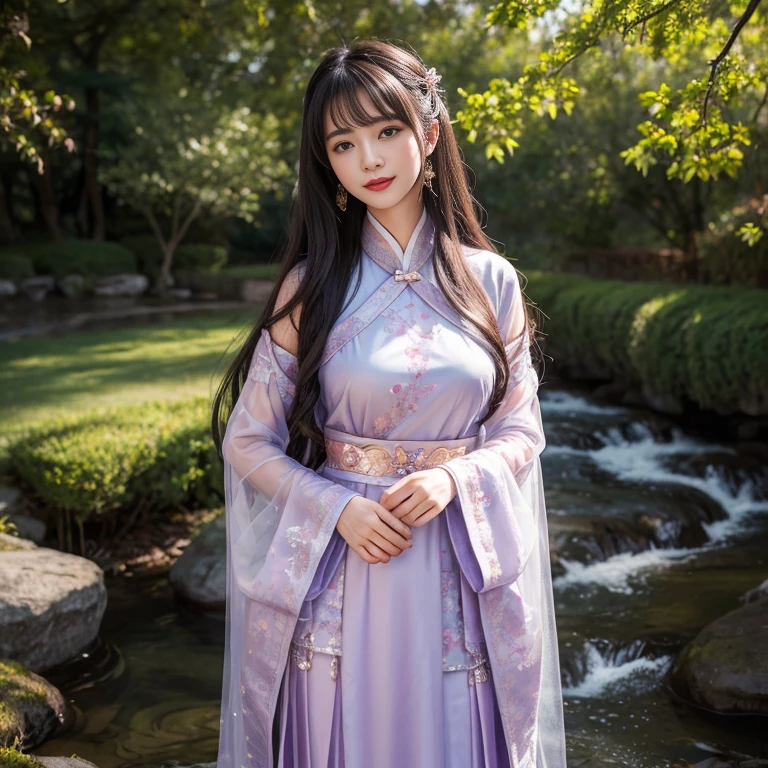 best quality, Delicate face，beautiful visual work, lifelike, eternity, black hair, Long curly hair, blunt bangs, Smile, Detailed Background, Delicate face，blush，cold，((masterpiece))、(top quality)、8k、high detail、Super detailed，31 years old female，Wearing Tang Dynasty Hanfu、waist skirt, Clothes are light and fluffy，Hanfu, wide sleeves, Transparent sleeves, Tunic, Clothes made of chiffon, Seductive and whimsical style、masterpiece、born、Scenes resembling fairy tale illustrations、Intricate details and complex designs、Beautifully、magic、capricious、 Beautifully、Dream aesthetics、「𝓡𝓸𝓶𝓪𝓷𝓽𝓲𝓬、ethereal、charming、fickle、magic」、Realism、Visual effects、FXAA、SSAO、Shaders、voiceless、ambient lighting、Tone mapping、High resolution、Ultra high quality、Million pixels、(8K resolution:1.10)、8k、Below 8K、8K resolution、high detail、intricate details， (high quality:1.2、masterpiece:1.2、:1.21)、(31 years old female:1.21)、(Smile excitedly)、(Surrounded by a dream-like atmosphere、Model diagram，full-body shot，Normal 2 feet，Put your hands behind you，The protrusion of the breast is visible when wearing clothes, Large Breasts, H cup chest, antiquity, Xian Xia, gauze clothes, Soft and fluttering, Fairy, dream, fantasy, light, elegant, nature, Immortal, romantic, classical, ribbon, light purple clothes, By the stream