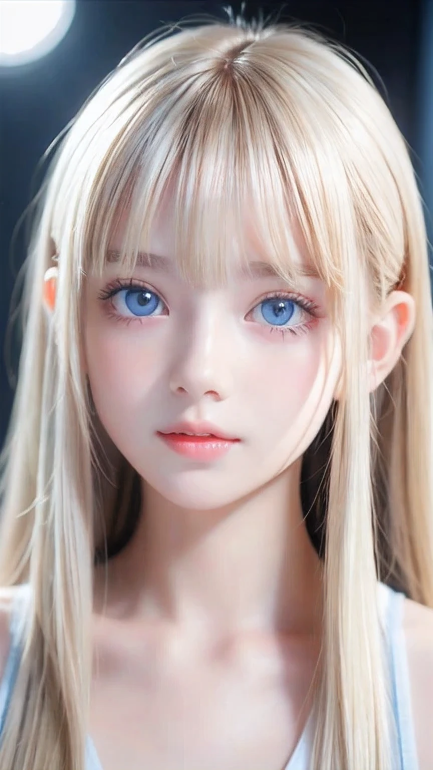 Portrait、、bright look、ponytail、bangs between eyes、bangs on the face、Young, shiny, white, glossy skin、gross face、cheek gloss highlight、best beauty、blonde reflection、Platinum blonde hair with dazzling highlights、shiny bright hair,、super long silky straight hair、Shining beautiful bangs、Attractive, beautifully shining, very bright, light blue eyes、very big eyes、Very beautiful nice cute beautiful girl、rich bust、small face beauty、