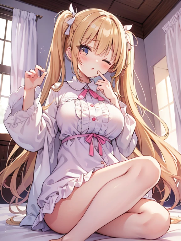 (masterpiece, top quality, super high quality, super high detail, beautiful hair, beautiful eyes, perfect face), girl's room, pretty white based room, morning sun coming through the window, white lace curtains, not wooden room, short twintails hair, blond hair, very baby face, droopy eyes, heterochromia, pink eye, orange eye, very huge breasts, 145cm tall girl wearing only large pajamas and nothing on her lower body, sitting on bed with one eye closed, one hand covering her mouth, one hand stretched out to the side, yawning loudly with a big stretch, very sleepy expression, munching, Half eye, bare feet, thighs