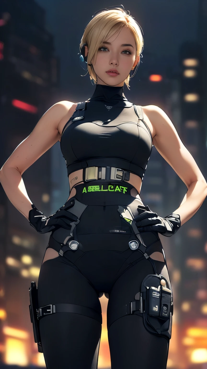 (A woman),(((Future female police officer standing))),((Black Tactical Tights:1.5)),((Camel toe:1.5)),((earphone:1.5)),((Tactical Holster:1.5)),(Gloves:1.5),(((Hands on hips:1.5))),(front:1.5),(From below:1.2),(Super short hair:1.5),(Blonde:1.5),(beautiful eyes:1.3),(Very detailedな顔:1.5),((Very detailedな女性の手の描画:1.5)),((muscular:1.5)),(Sexy look:1.5),((Thick thighs:1.5)),(Beautiful Body:1.5),((Very sensual:1.5)),(The backdrop is a futuristic city:1.5),(Cyberpunk atmosphere:1.5),(((Blurred background:1.5))),(Written border depth:1.5),rest(((masterpiece:1.5),(best quality:1.5),(Very detailed:1.5),(high resolution:1.5),(Practical:1.5),(Practical:1.5),(Delicate depiction),(carefully drawn))),8K,wallpaper