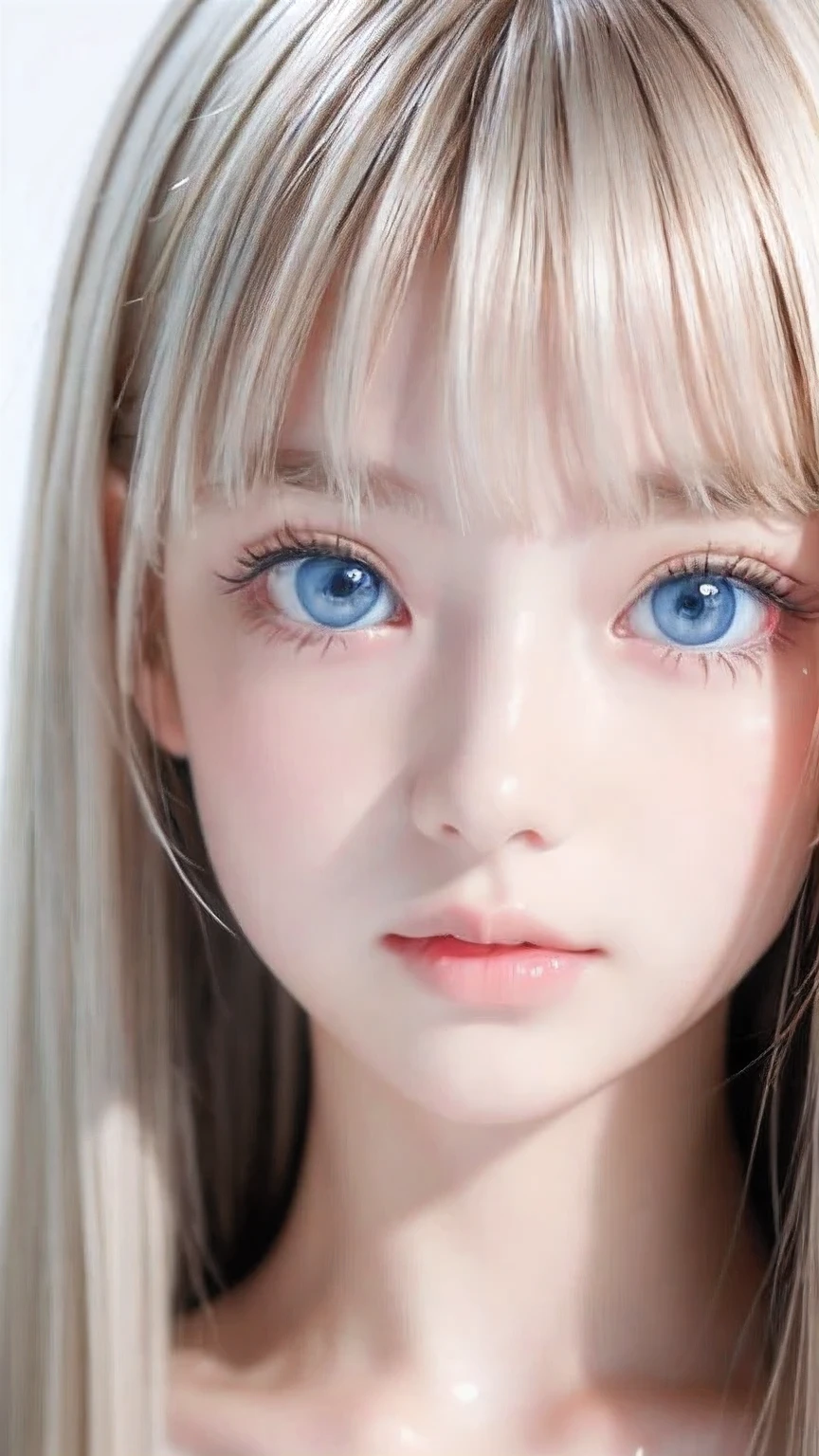 Portrait、、bright look、ponytail、bangs between eyes、bangs on the face、Young, shiny, white, glossy skin、gross face、cheek gloss highlight、best beauty、blonde reflection、Platinum blonde hair with dazzling highlights、shiny bright hair,、super long silky straight hair、Shining beautiful bangs、Attractive, beautifully shining, very bright, light blue eyes、very big eyes、Very beautiful nice cute beautiful girl、rich bust、small face beauty、