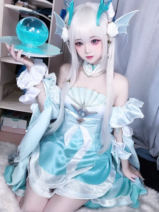 Anime style images, a woman in a blue dress and One-stop service headgear, One-stop service, White-haired god, Full body fairy, Dragon Girl Portrait,