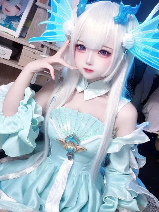 Anime style images, a woman in a blue dress and One-stop service headgear, One-stop service, White-haired god, Full body fairy, Dragon Girl Portrait,