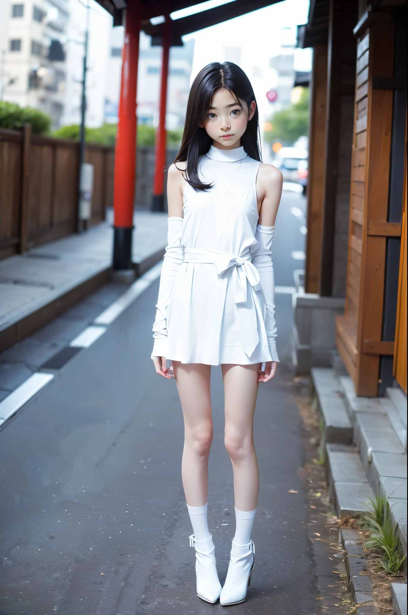 (A 16-year-old Japanese girl with a very slim figure, Firm and small breasts, a thin waist, and a very cute, baby face.:1.5),((Full body portrait:1.5)),very narrow waist,All pure white sheer Tight mini skirt dress, lace gloves, high heels and garter stockings,Frightened look,Standing empty-handed and looking away,girl is looking somewhere:1.5,Secretly taken from the side at a distance:1.5