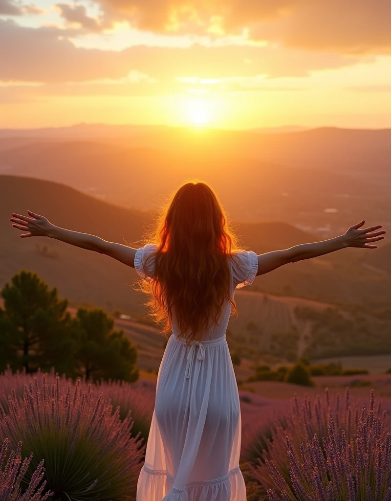 Panoramic view of Provence. At a point on the hill, Redhead girl, age 25, white rustic dress with open arms, greets the sunset.  haze.  Provence. Foggy . High grain film. retro photography, David Hamilton Style. Analog photography. grainy. nymph
