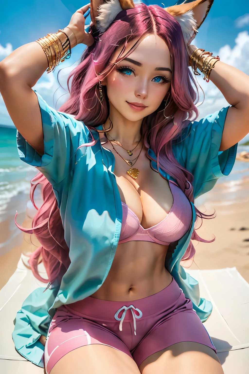 a girl, pretty long hair ,pink  hair, blue color inner hair, fox ears, Gym Shorts, BRA-N, turquoise blue eyes, with a golden bracelet, a pink jewel necklace, em uma praia, high resolution, super detaill, 8k, Overview
