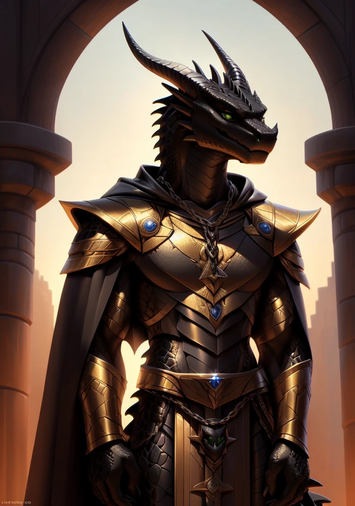 Realistic, detailed, beautiful, masterpiece, HDR, castle interior background, fantasy setting, king, ((gold armor, gold breast plate, full plate armor, chain mail, gold pauldrons, gold greaves, gold leg armor, wearing gold armor, black robes, black cloak, wearing black robes and cloak)) dragon, anthro, male, male body, black skin, (black scales:1.9), (two long thin horns:1.3), green eyes, detailed eyes, perfectly shaped body, confident majestic pose, finger black claws, masculine facial features, seductive gaze, neutral facial expression, black pointed ears, standing tall, out doors, daytime, close-up, portrait, face focus,
(detailed Bonifasko lighting), (detailed scales), (detailed skin), (male dragonborn), BREAK, ((long flowing tail)), ((facing viewer)), (cinematic lighting), ((detailed background)), ((portrait view)), (((close-up))), (good lighting), [backlighting], [crepuscular ray], [detailed ambient light], [gray natural lighting], [ambient light on the belly], (higher wildlife feral detail), [explict content], [sharp focus], (questionable content), (shaded), ((masterpiece)), furry dragonborn, reptilian face, furry Fantasy Art, furry Art, Commission for High Res, anthro Art, POV furry Art,Sakimichan beautiful, masterpiece, best quality, detailed image, bright colors, detailed face, perfect lighting, perfect shadows, perfect eyes, green eyes, flawless face, face focus, (masterpiece:1.21), (best quality:1.2), (illustration:1.2), (cinematic lighting:1.3), detailed scales, balanced coloring, global illumination, ray tracing, good lighting, scales, anthro, well lit 