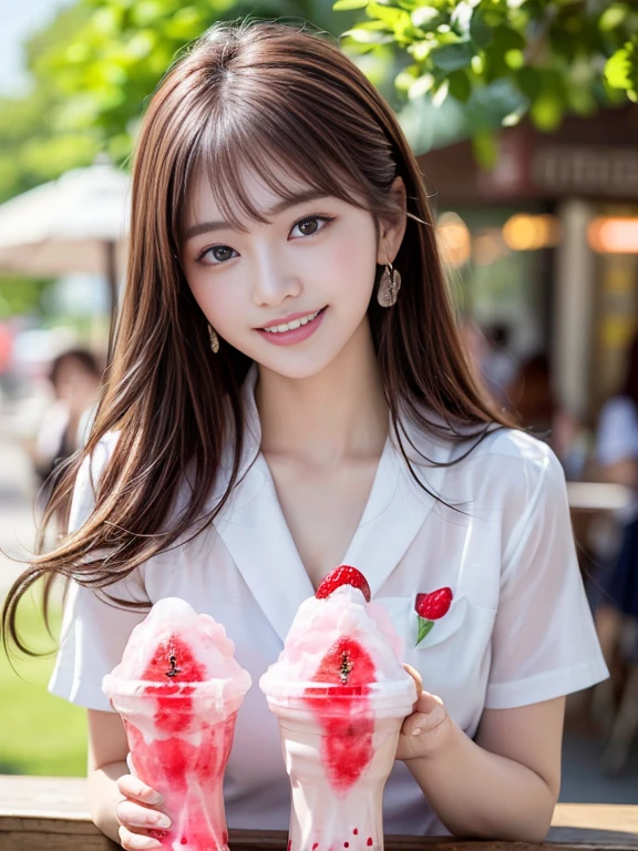 photography of a brightly sangmi nam who is korean actress,masterpiece,photorealistic,analog,realism,korean idol,slim leg, long_brown_hair,1 girl, very bright backlighting, solo, {beautiful and detailed eyes},large breasts,calm expression, natural and soft light, hair blown by the breeze, delicate facial features, Blunt bangs, beautiful korean girl, eye smile, very small earrings, 18yo, ((model pose)), Glamor body type,(half red and half brown hair:1.2), flim grain, realhands, masterpiece, Best Quality, photorealistic, ultra-detailed, finely detailed, high resolution,brown messy hair, perfect dynamic composition, beautiful detailed eyes,Korean girl,((nervous and embarrassed)),sharp-focus, beautymix, FilmGirl,long hair,(smiling with your teeth showing:1.5),(head tilted:1.5),(wearing a pink school uniform:1.3),(offering shaved ice topped with strawberry syrup with both hands:1.5),(standing in front of a shaved ice stand:1.3),(The wind blows your hair:1.4),cowboy_shot