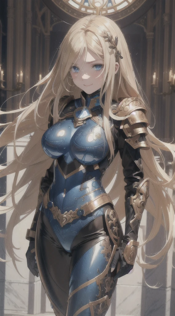 (8k, raw photo, Best Quality, maestro:1.2), (realist, photo-realist:1.37), ultra detailed, 1 girl, Beautiful, Alone, Gorgeous detailed blue sky with fluffy clouds, (blush), (whole body: 1.1), (smile: 1.1), (shut up), big breasts, Beautiful and delicate blue eyes, (Tight blue armor with intricate engravings of leaves and flowers : 1.1), Golden metal pieces covering her shoulders and arms, Dark brown leather belt with metal buckles, tight leather pants, Brown leather boots, A cross adorns her chest, (long blonde hair: 1.2), flowing hair, high contrast, Proporciones de whole body, (astride, stretch the legs, thin legs), Chest closeup.
