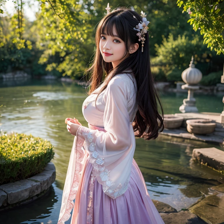 best quality, Delicate face,beautiful visual work, lifelike, eternity, black hair, Long curly hair, blunt bangs, Smile, Detailed Background, Delicate face,blush,cold,((masterpiece))、(top quality)、8k、high detail、Super detailed,31 years old female,Wearing Tang Dynasty Hanfu、waist skirt, Clothes are light and fluffy,Hanfu, wide sleeves, Transparent sleeves, Tunic, Clothes made of chiffon, Seductive and whimsical style、masterpiece、born、Scenes resembling fairy tale illustrations、Intricate details and complex designs、Beautifully、magic、capricious、 Beautifully、Dream aesthetics、「𝓡𝓸𝓶𝓪𝓷𝓽𝓲𝓬、ethereal、charming、fickle、magic」、Realism、Visual effects、FXAA、SSAO、Shaders、voiceless、ambient lighting、Tone mapping、High resolution、Ultra high quality、Million pixels、(8K resolution:1.10)、8k、Below 8K、8K resolution、high detail、intricate details, (high quality:1.2、masterpiece:1.2、:1.21)、(31 years old female:1.21)、(Smile excitedly)、(Surrounded by a dream-like atmosphere、Model diagram,full-body shot,Normal 2 feet,Put your hands behind you,The protrusion of the breast is visible when wearing clothes, Large Breasts, H cup chest, antiquity, Xian Xia, gauze clothes, Soft and fluttering, Fairy, dream, fantasy, light, elegant, nature, Immortal, romantic, classical, ribbon, light purple clothes, By the stream